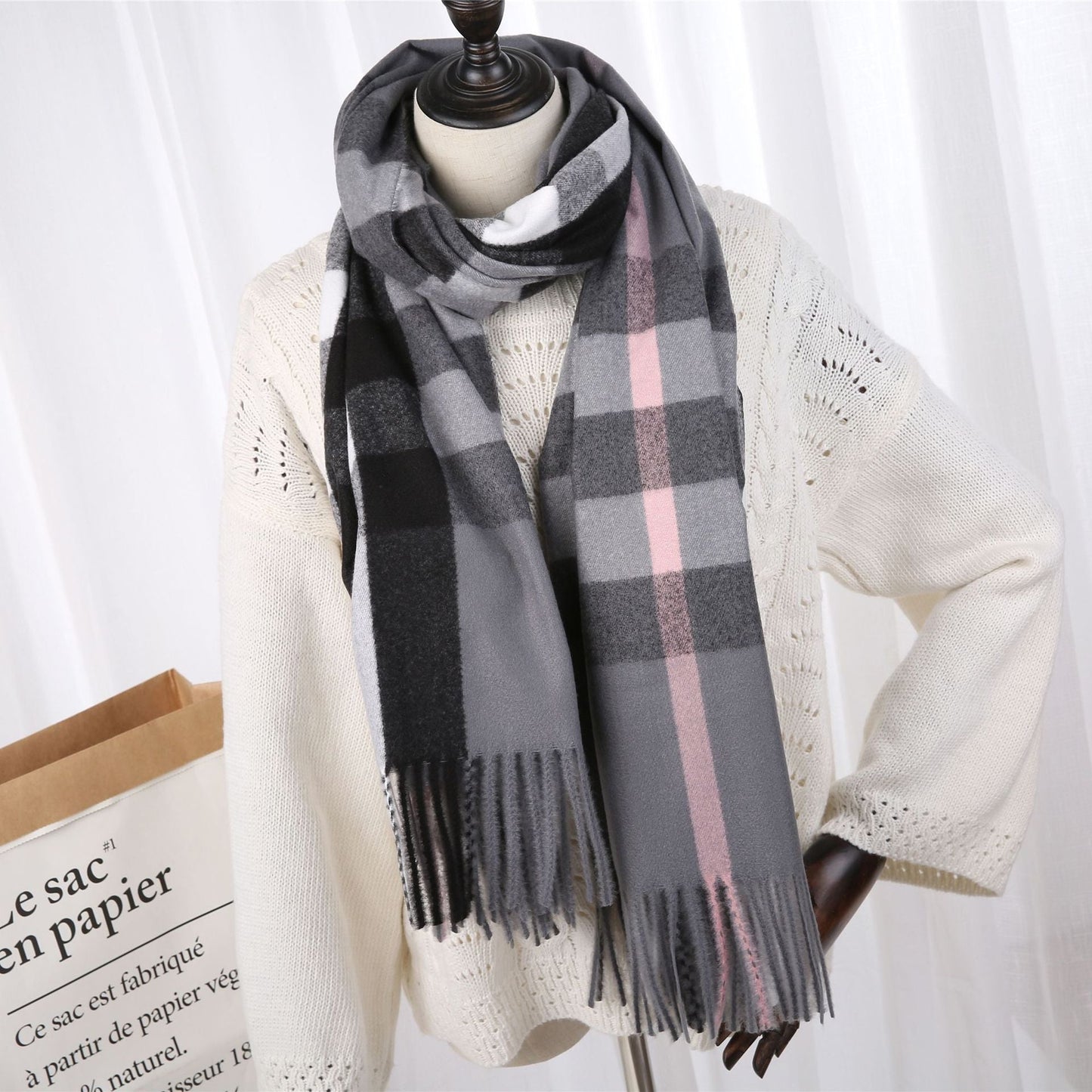 2022 New Checked Cashmere Tassel Scarf