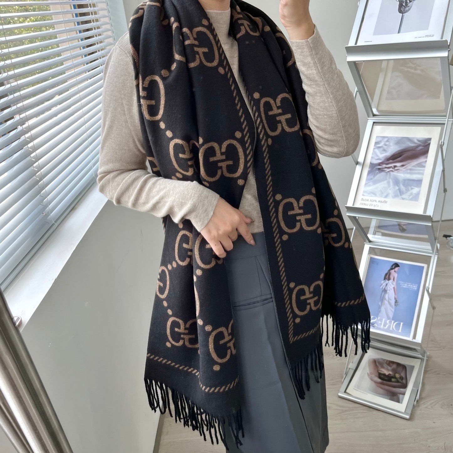 Classic Mink and Silver Fringe Scarf Shawl